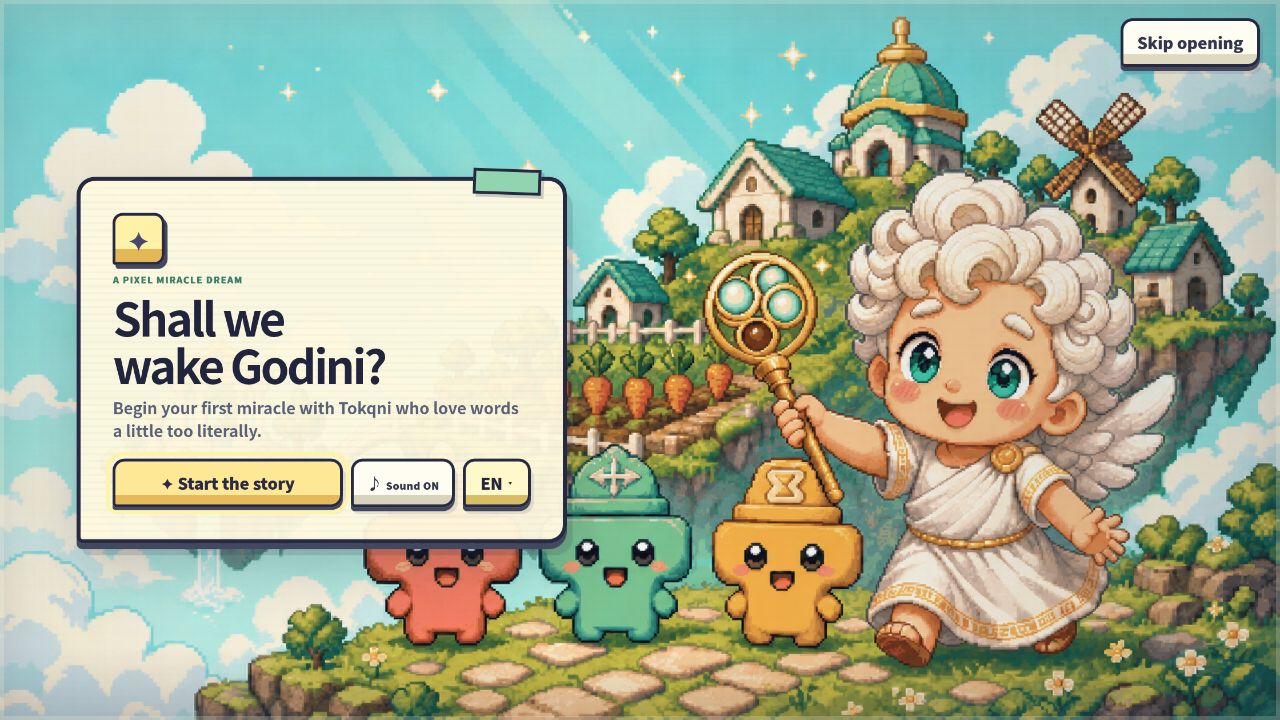 Godini and three Tokqni together in the opening screen of Oops, My God!