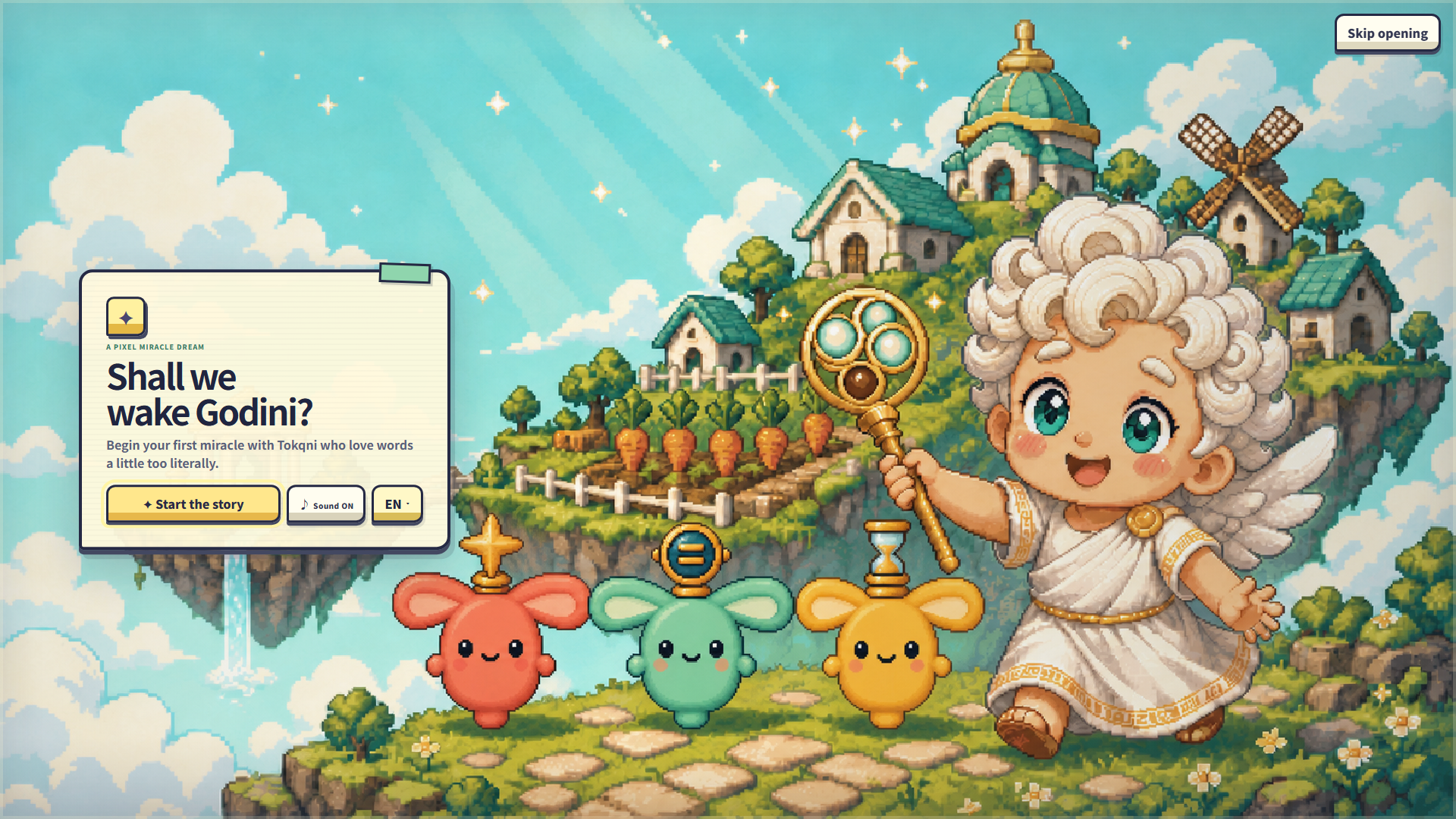 Godini and three Tokqni on the Oops, My God! title screen