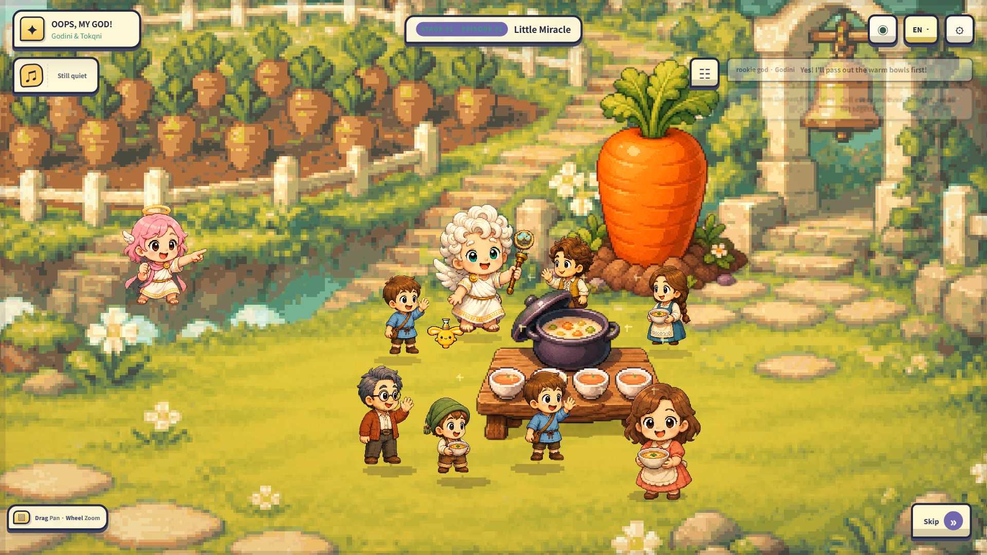 A giant carrot towers over Godini and the neighbors sharing dinner