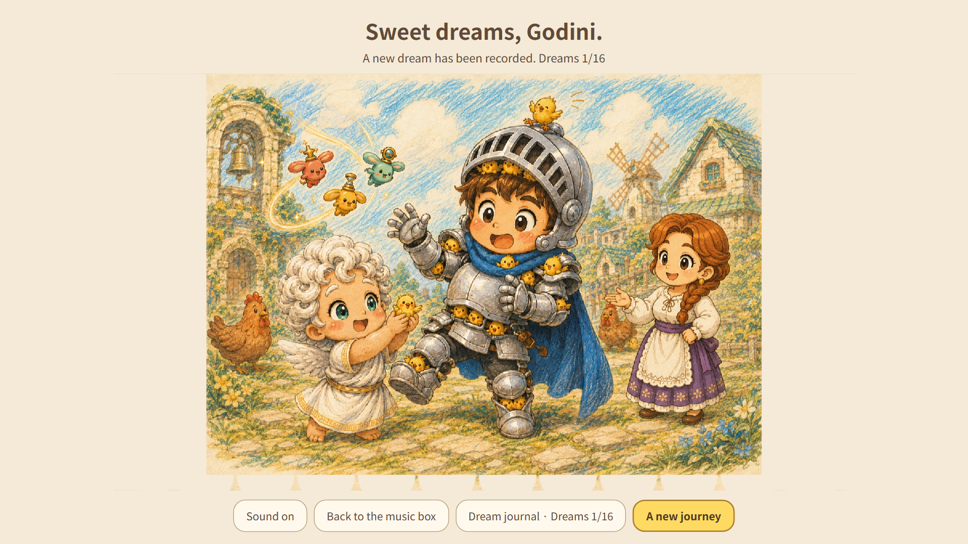 A colored-pencil dream of Godini, the knight and the chicks, unlocked at the end of the journey